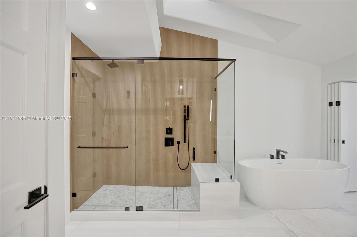 Bathroom, Free Standing Baths, Glass Shower, Interior, Recessed Lighting