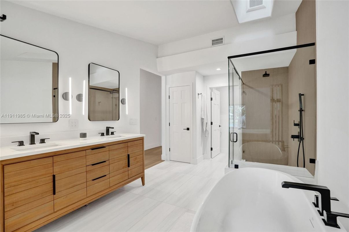 Bathroom, Dual Sink Vanities, Glass Shower, Interior, Recessed Lighting