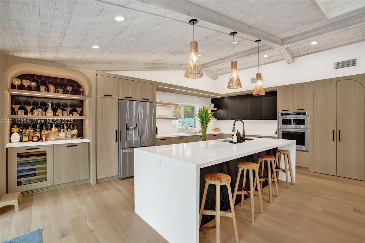 Interior, Kitchen, Pendant Lights, Recessed Lighting, Stainless Steel Appliances, Wooden Ceilings, Wood Texture Flooring