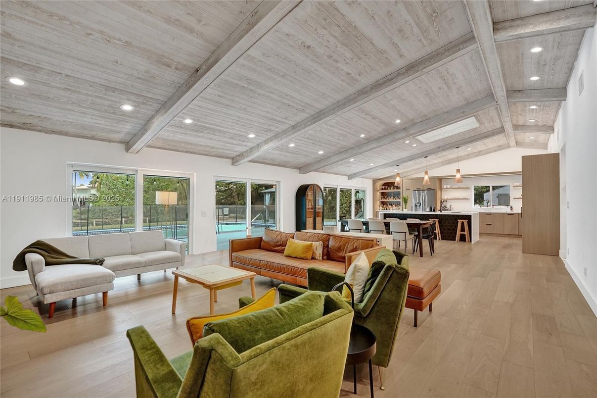 Interior, Kitchen, Living room, Pendant Lights, Recessed Lighting, Wooden Beams, Wooden Ceilings, Wood Texture Flooring