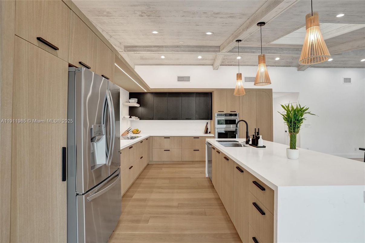 Interior, Kitchen, Pendant Lights, Recessed Lighting, Stainless Steel Appliances, Wooden Ceilings, Wood Texture Flooring