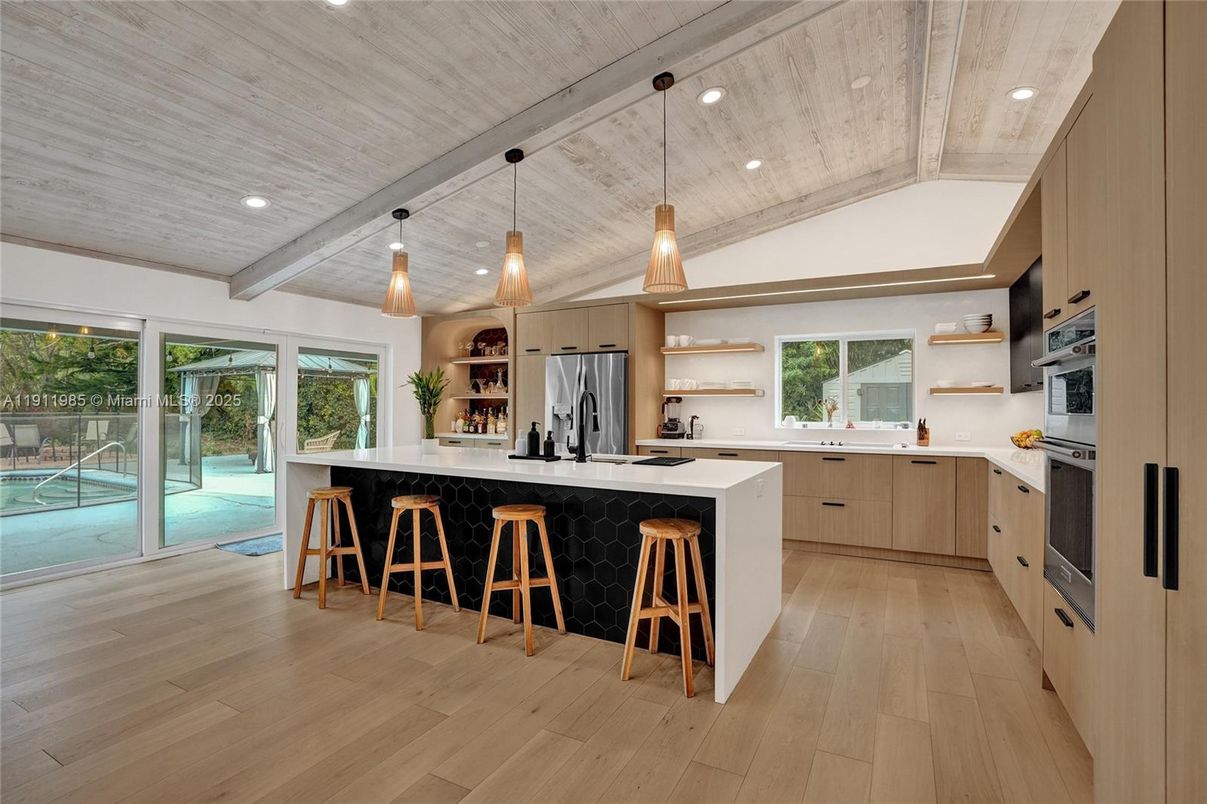 Interior, Kitchen, Pendant Lights, Recessed Lighting, Stainless Steel Appliances, Wooden Ceilings, Wood Texture Flooring