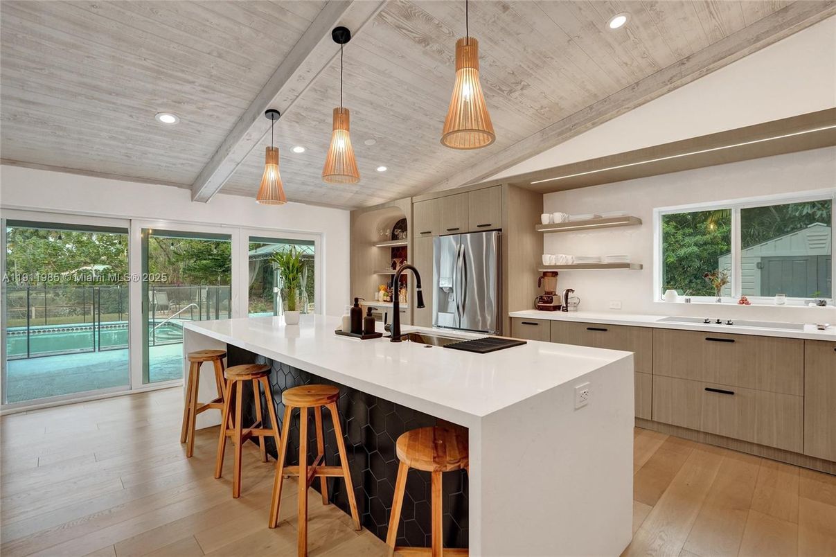 Interior, Kitchen, Pendant Lights, Recessed Lighting, Stainless Steel Appliances, Wooden Ceilings, Wood Texture Flooring