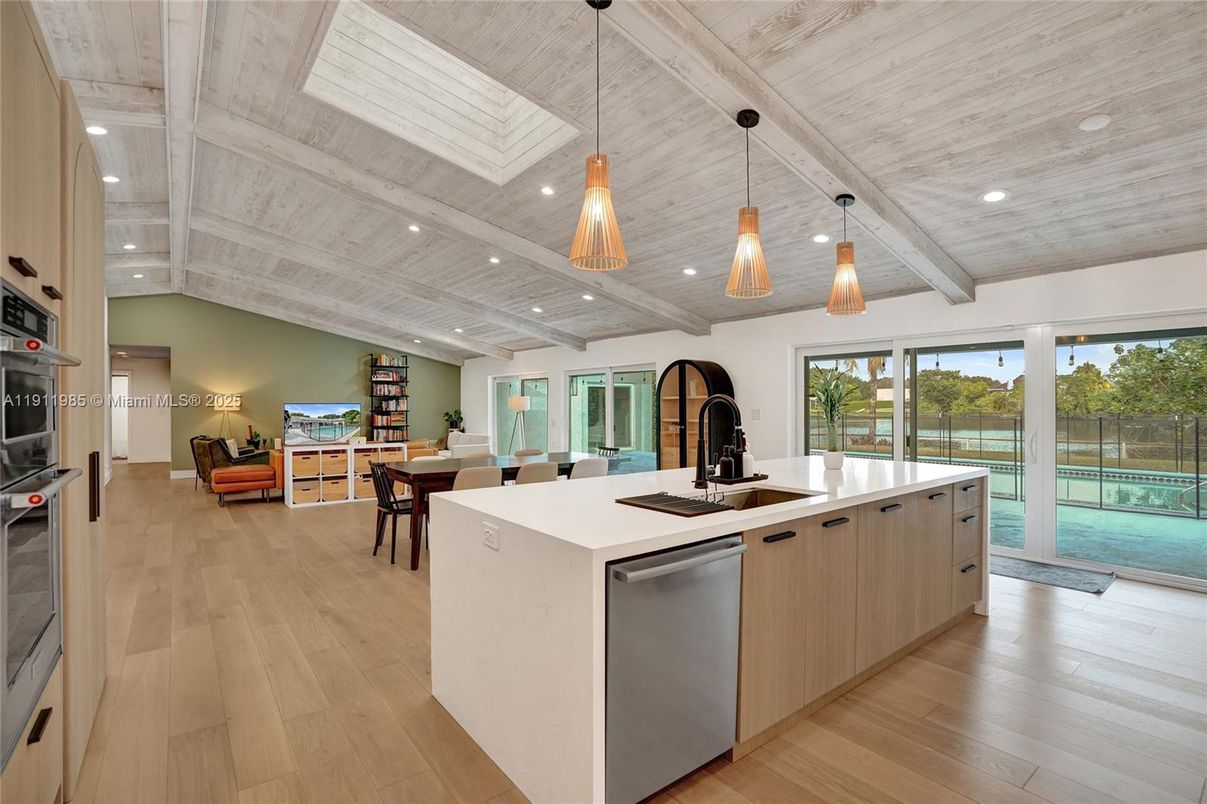 Dining room, Interior, Kitchen, Pendant Lights, Recessed Lighting, Stainless Steel Appliances, Wooden Ceilings, Wood Texture Flooring