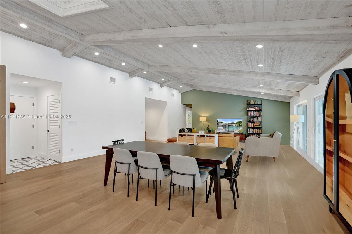 Dining room, Interior, Recessed Lighting, Wooden Beams, Wooden Ceilings, Wood Texture Flooring