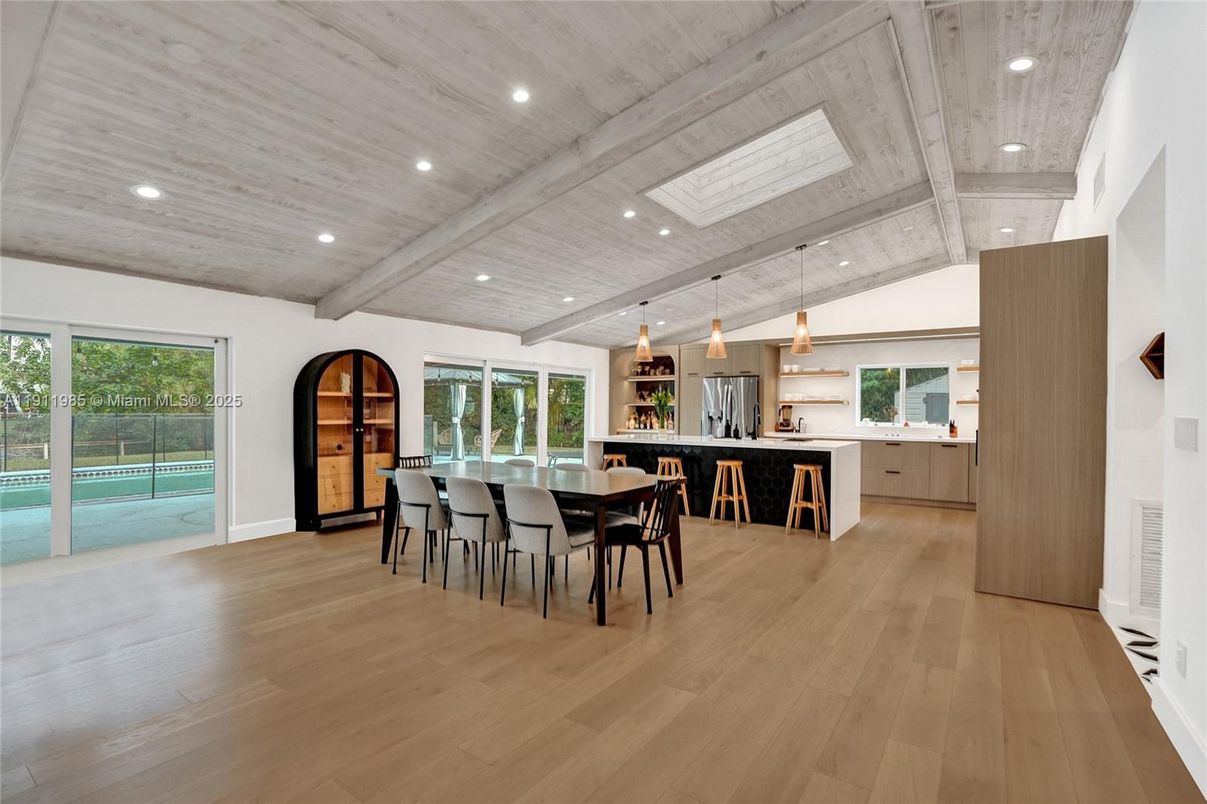 Interior, Kitchen, Pendant Lights, Recessed Lighting, Stainless Steel Appliances, Wooden Beams, Wooden Ceilings, Wood Texture Flooring