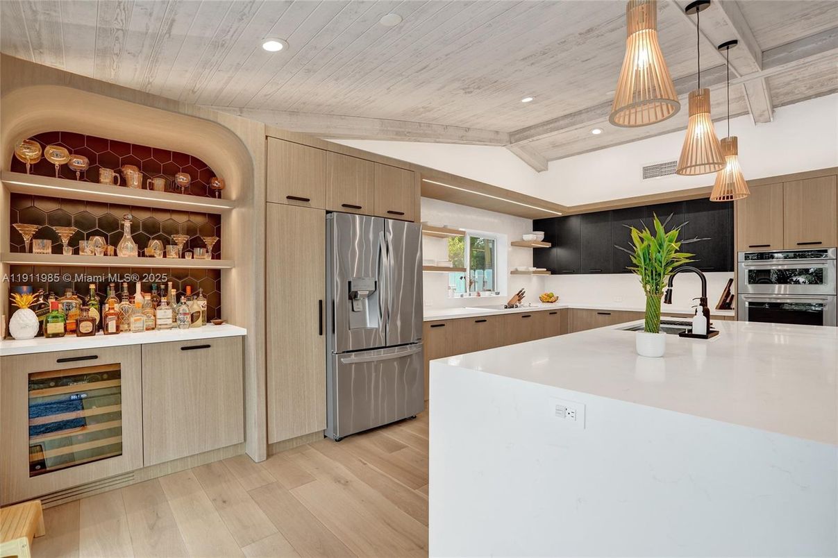 Interior, Kitchen, Pendant Lights, Recessed Lighting, Stainless Steel Appliances, Wooden Ceilings, Wood Texture Flooring