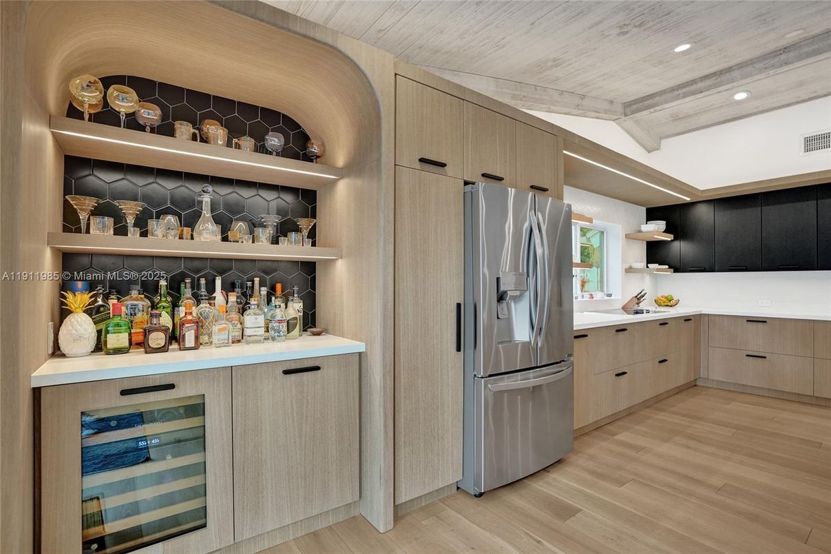 Interior, Kitchen, Recessed Lighting, Stainless Steel Appliances, Wooden Ceilings, Wood Texture Flooring