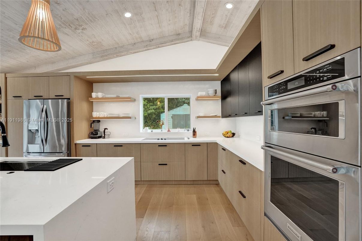 Interior, Kitchen, Pendant Lights, Recessed Lighting, Stainless Steel Appliances, Wooden Ceilings, Wood Texture Flooring