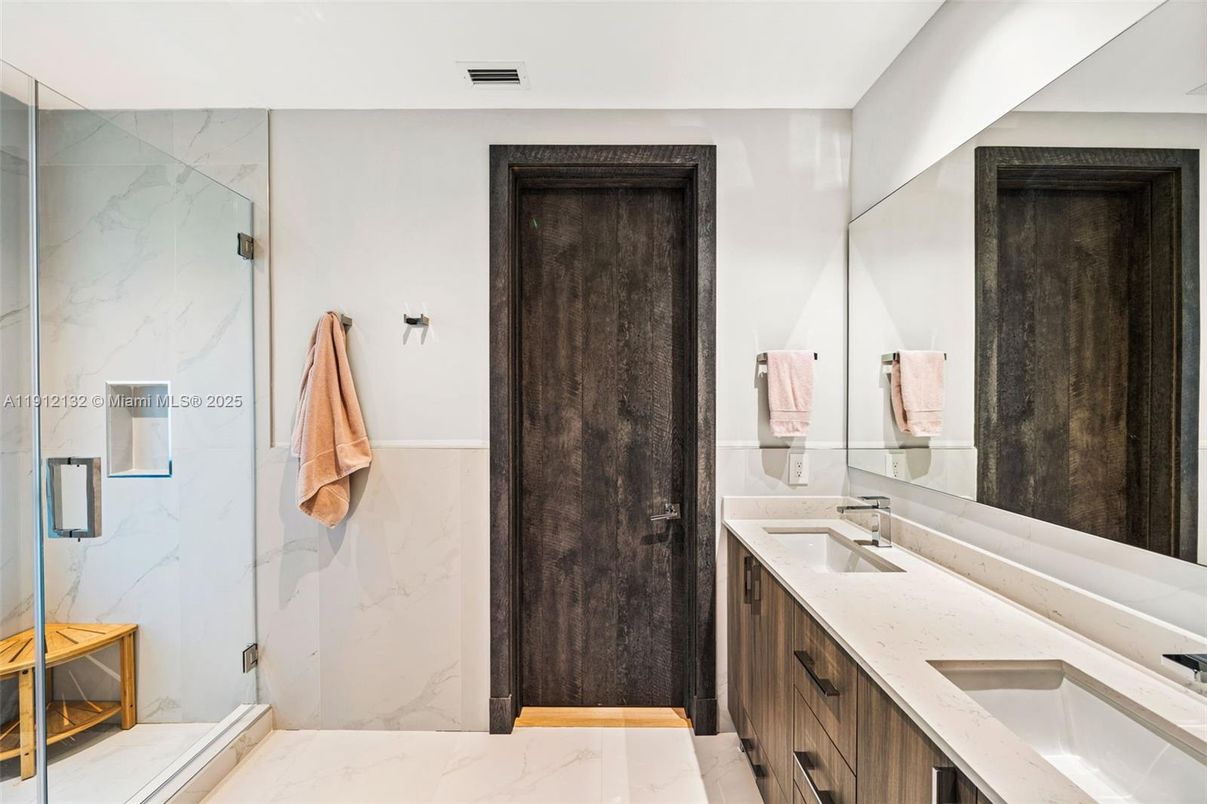 Bathroom, Dual Sink Vanities, Glass Shower, Interior, Marble, Marble Walls