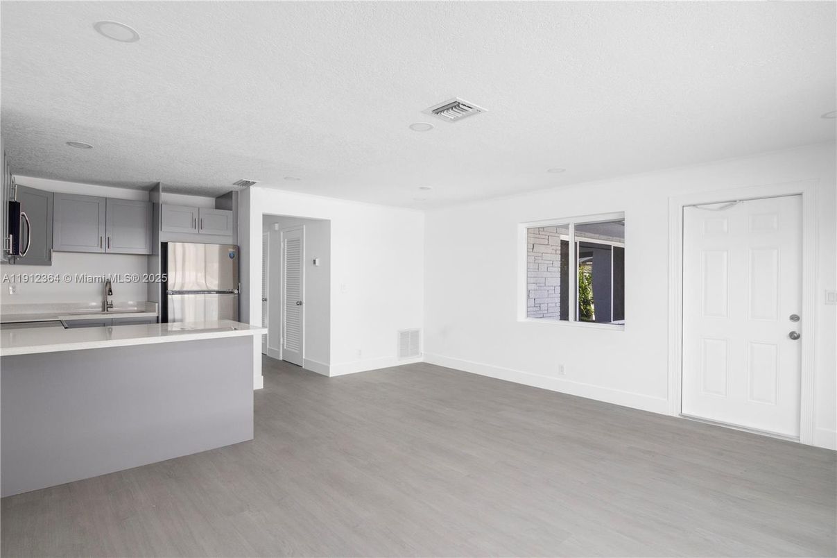 Empty room, Interior, Kitchen, Recessed Lighting, Wood Texture Flooring