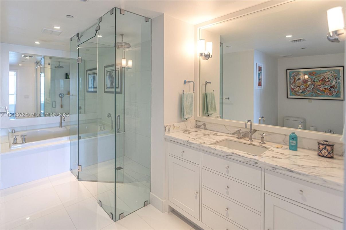 Bathroom, Dual Sink Vanities, Glass Shower, Interior, Recessed Lighting