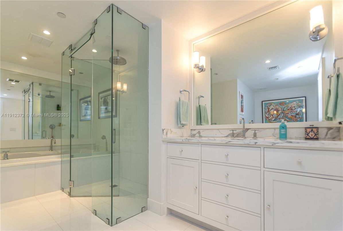 Bathroom, Dual Sink Vanities, Glass Shower, Interior, Recessed Lighting