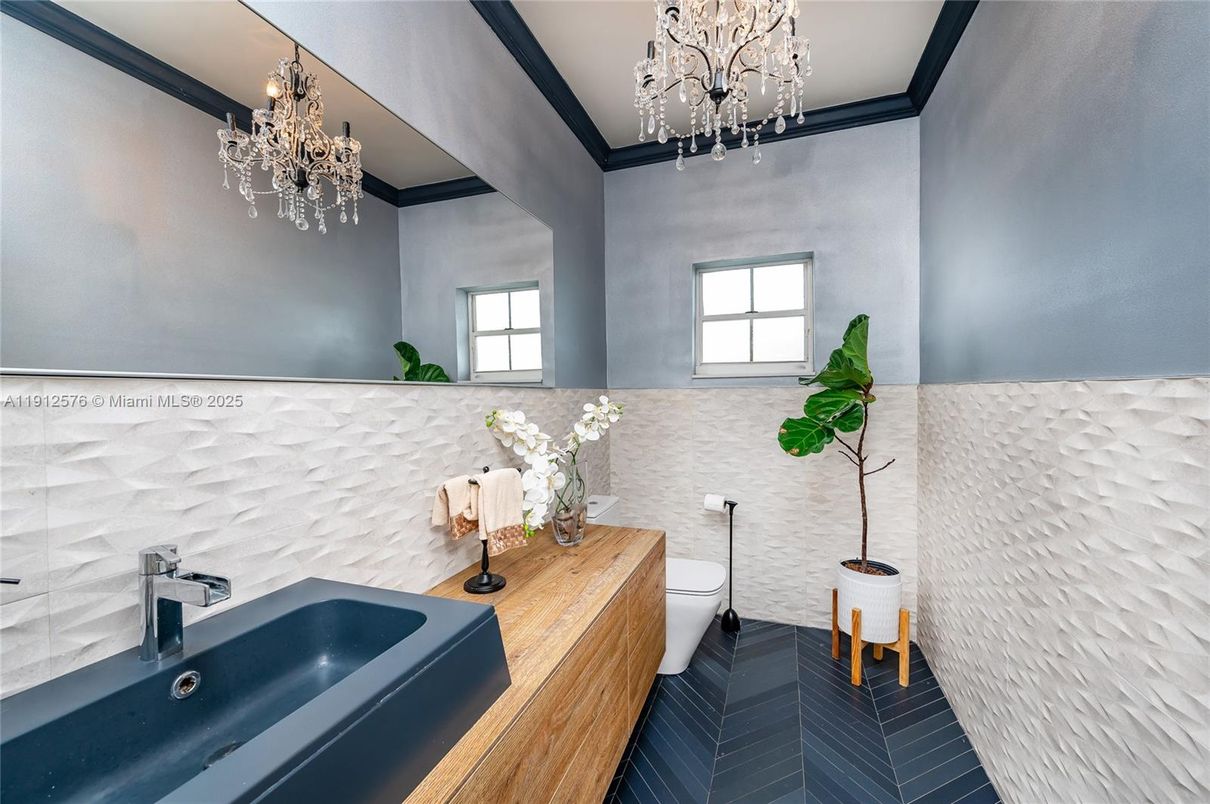 Bathroom, Chandelier, Interior, Wood Texture Flooring