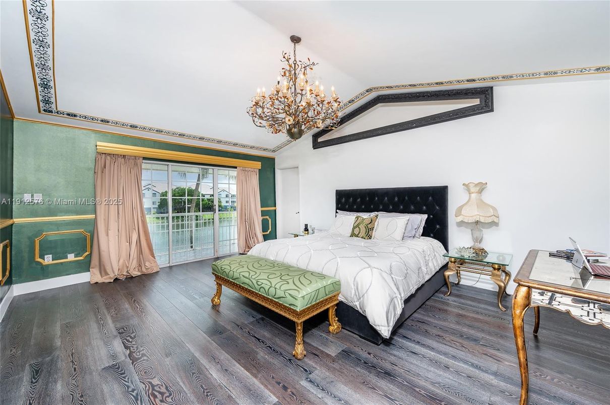 Bedroom, Chandelier, Interior, Wood Texture Flooring
