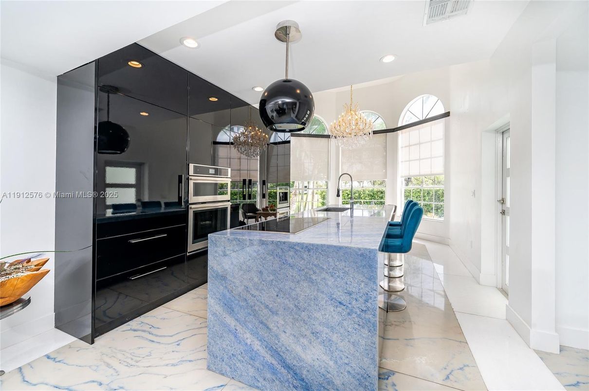 Chandelier, Interior, Kitchen, Marble, Recessed Lighting, Stainless Steel Appliances