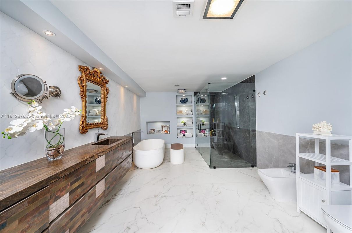 Bathroom, Free Standing Baths, Glass Shower, Interior, Marble, Recessed Lighting