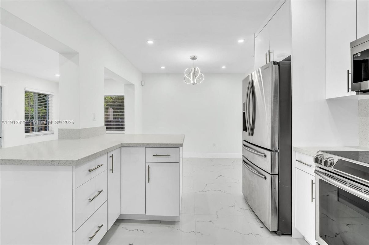 Interior, Kitchen, Marble, Pendant Lights, Recessed Lighting, Stainless Steel Appliances