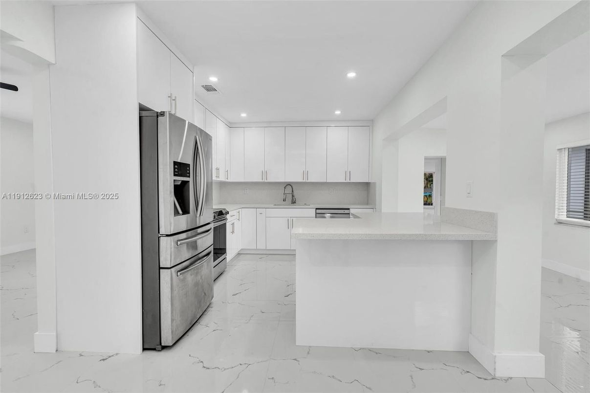 Interior, Kitchen, Marble, Recessed Lighting, Stainless Steel Appliances
