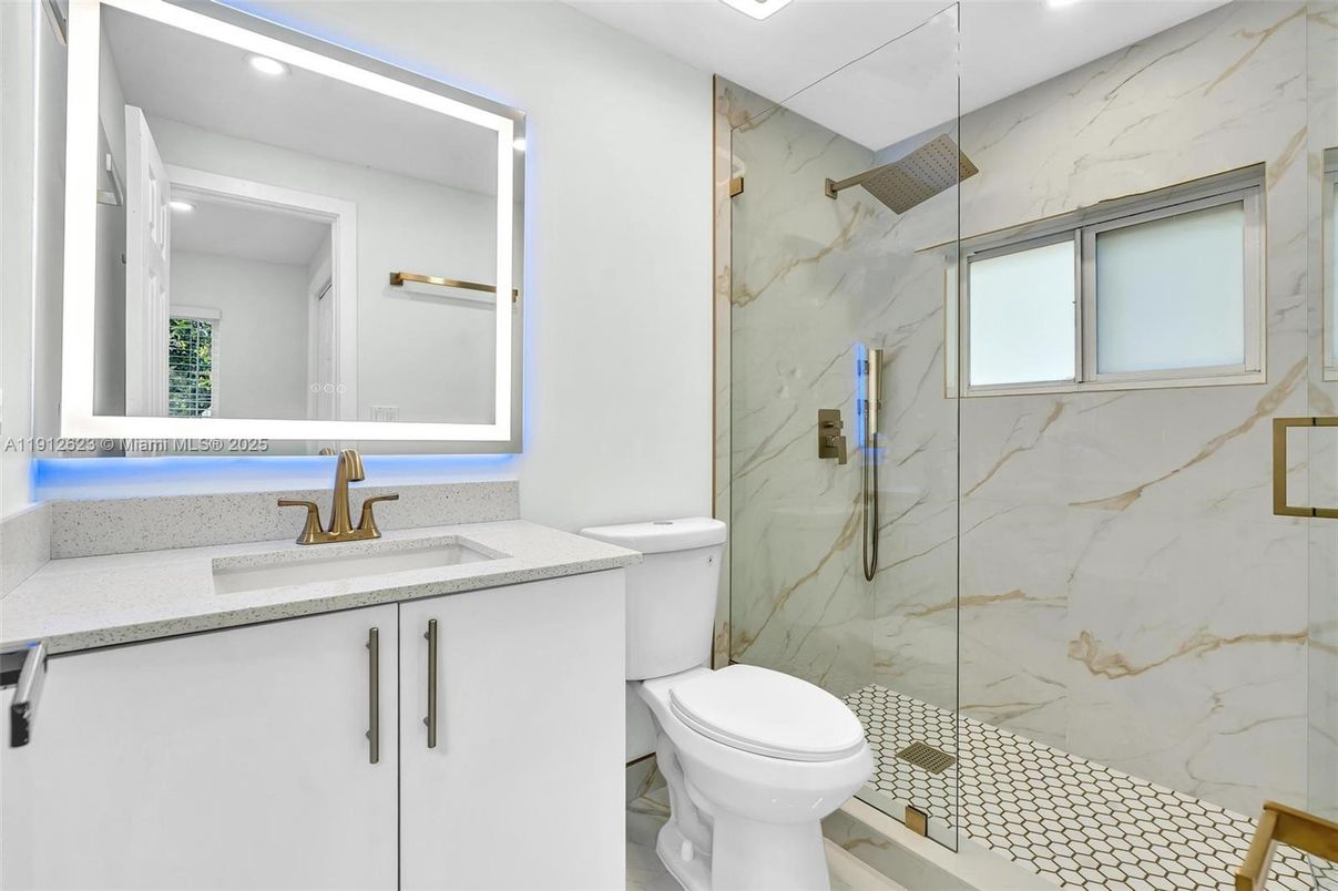 Bathroom, Glass Shower, Interior, Marble Walls, Recessed Lighting