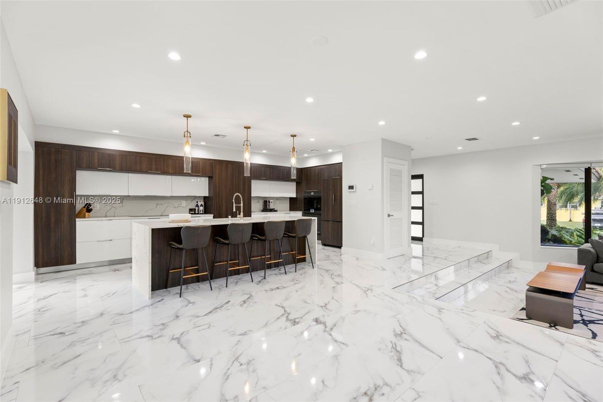 Interior, Kitchen, Marble, Marble Walls, Pendant Lights, Recessed Lighting