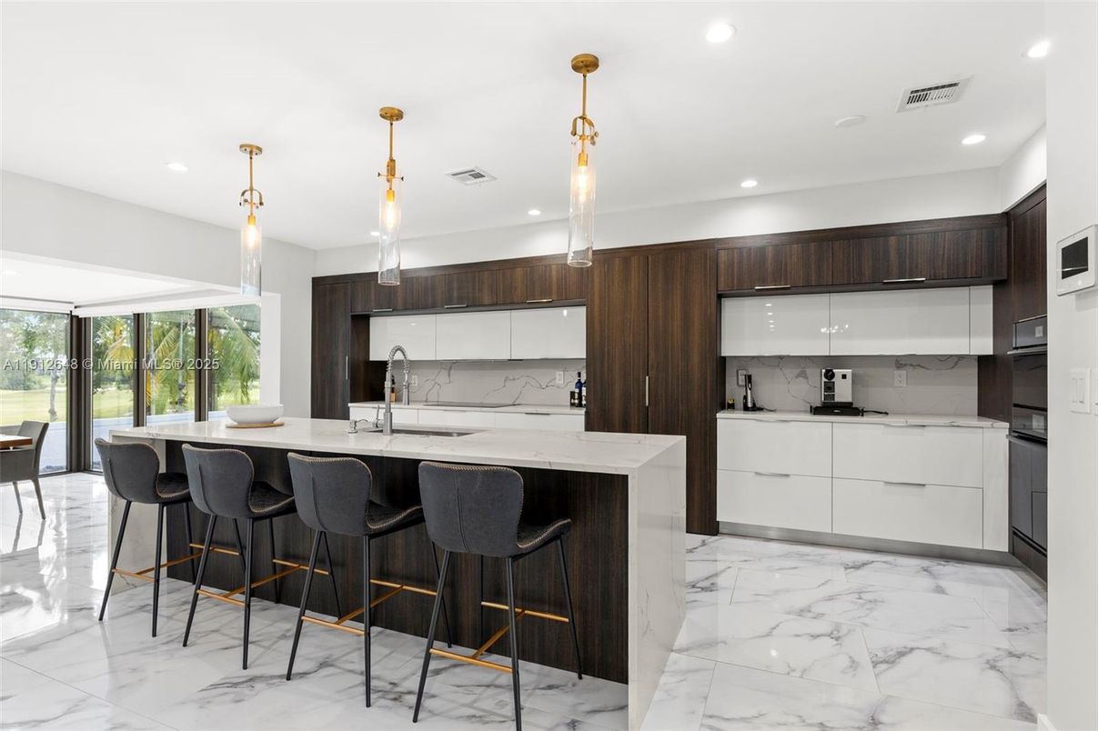 Interior, Kitchen, Marble, Marble Walls, Pendant Lights, Recessed Lighting