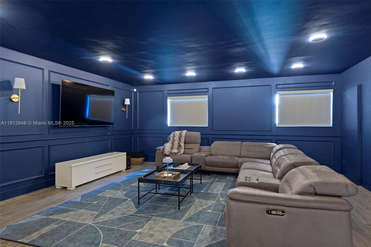 Interior, Living room, Projection Screen, Recessed Lighting, Theatre Room, Wood Texture Flooring