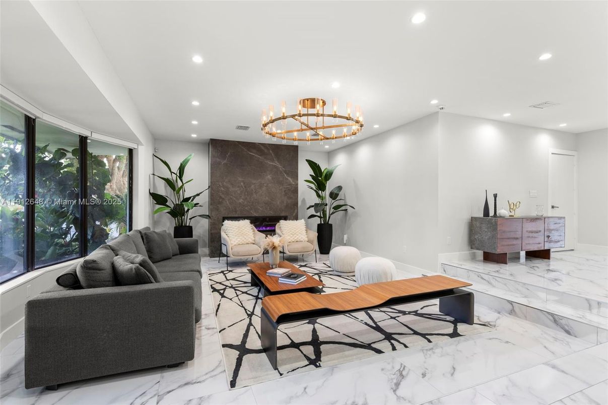 Chandelier, Fireplace, Interior, Living room, Marble, Recessed Lighting