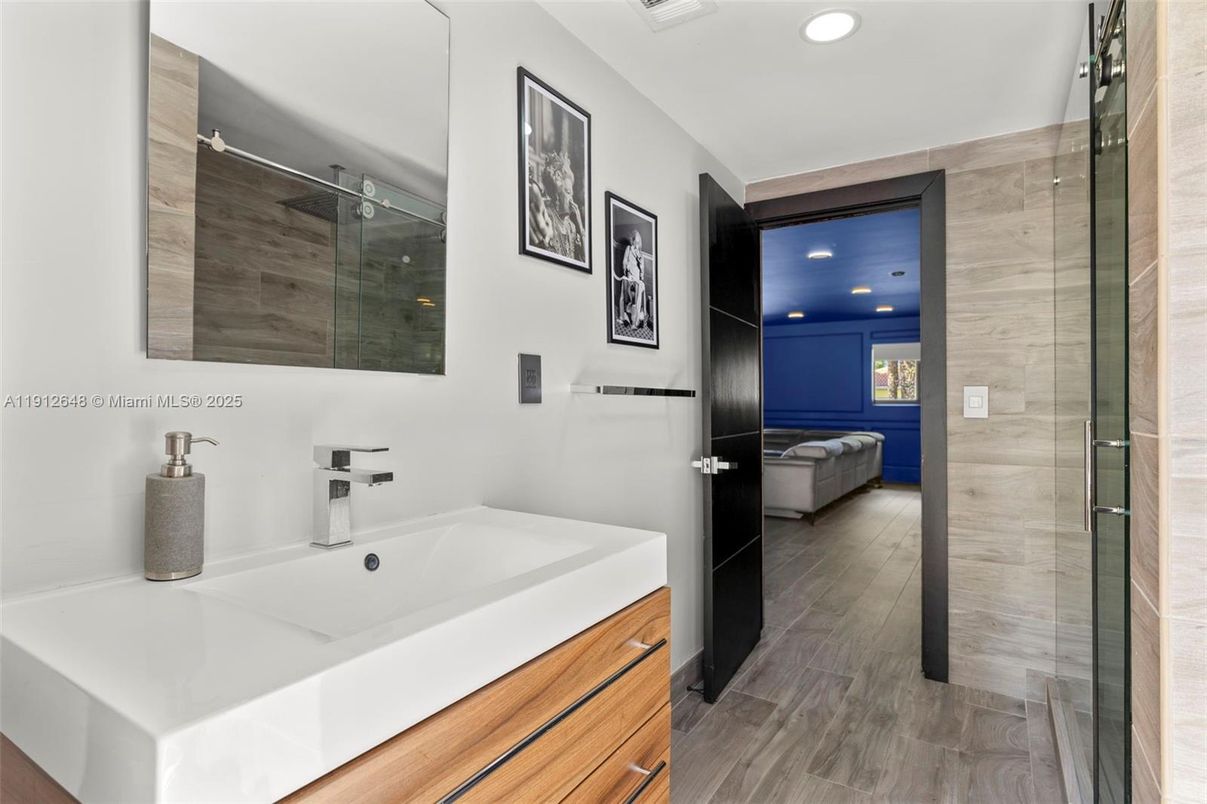 Bathroom, Glass Shower, Interior, Recessed Lighting, Wood Texture Flooring