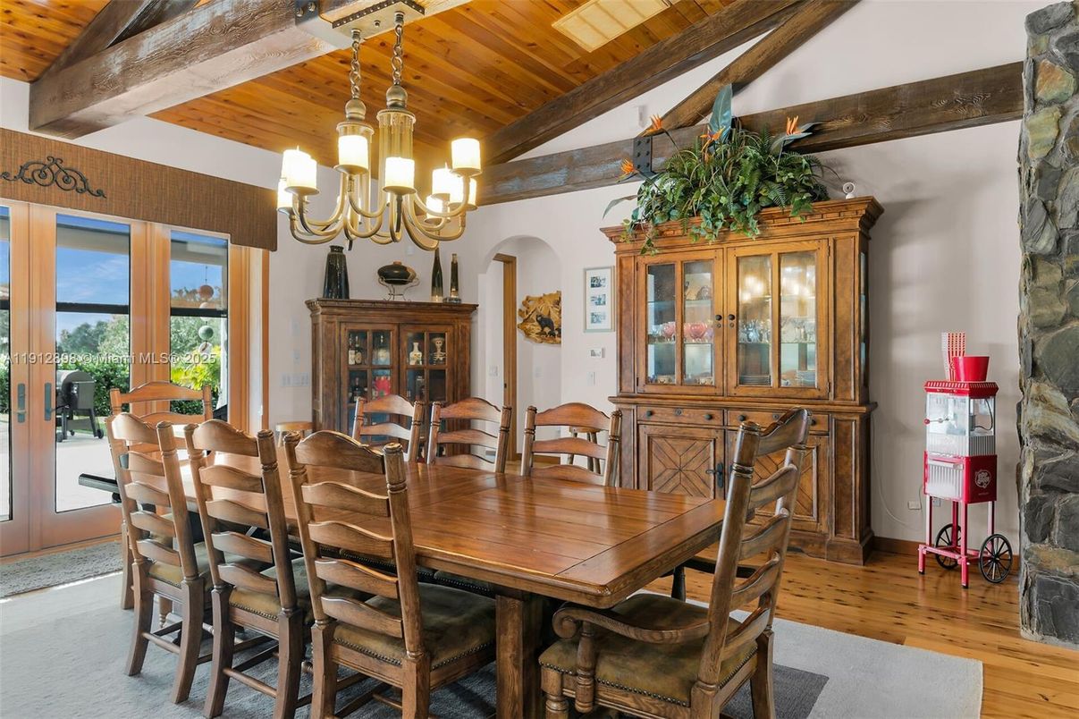 Chandelier, Dining room, Interior, Wooden Beams, Wooden Ceilings, Wood Texture Flooring