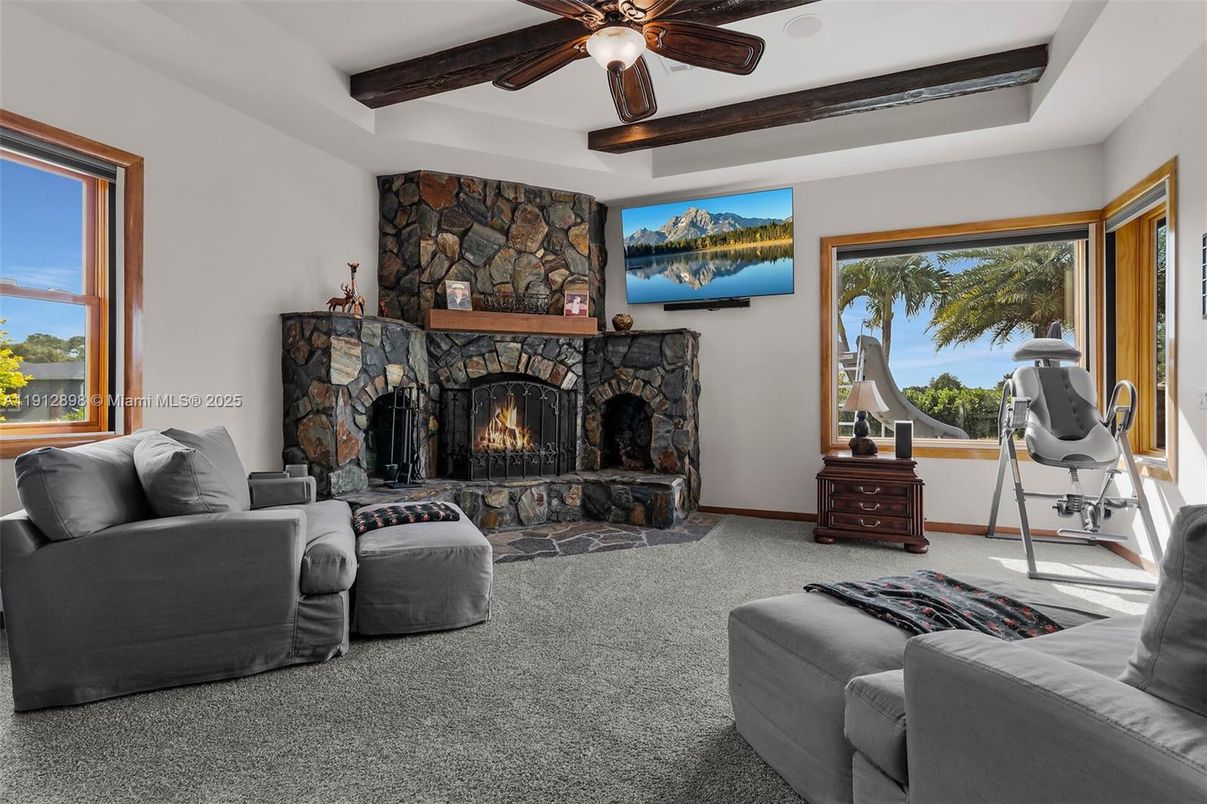 Fireplace, Interior, Living room, Stone Walls, Water, Wooden Beams