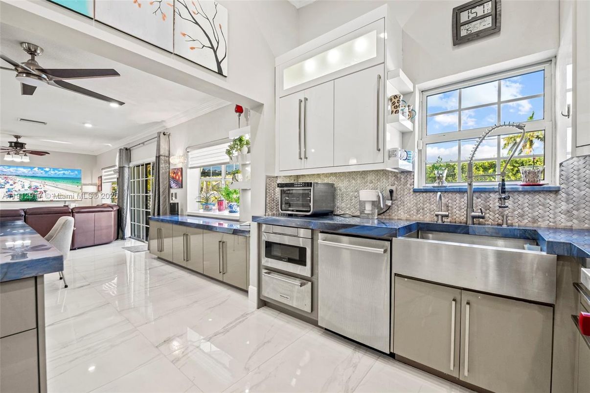 Interior, Kitchen, Marble, Recessed Lighting, Stainless Steel Appliances