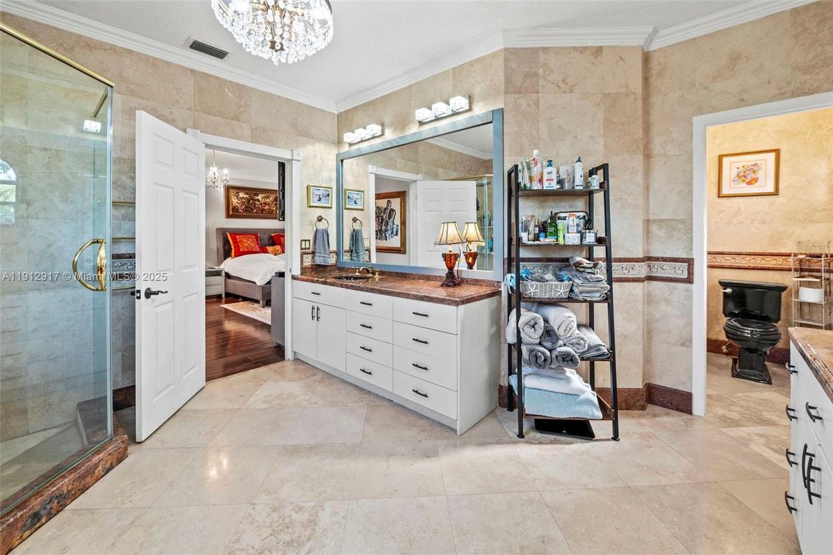 Bathroom, Bedroom, Chandelier, Glass Shower, Interior, Wood Texture Flooring