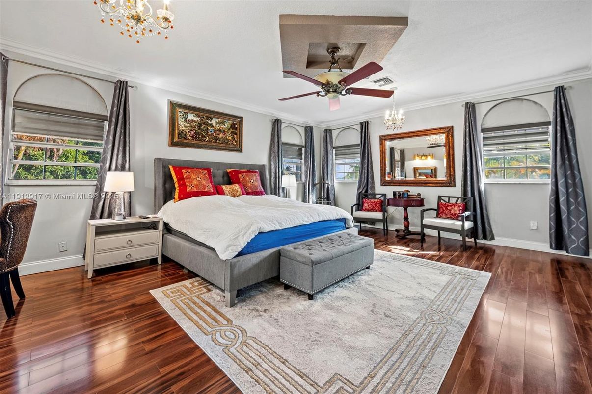Bedroom, Chandelier, Interior, Wood Texture Flooring