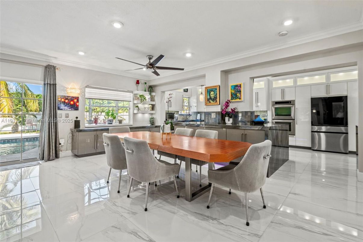 Dining room, Interior, Kitchen, Marble, Recessed Lighting, Stainless Steel Appliances