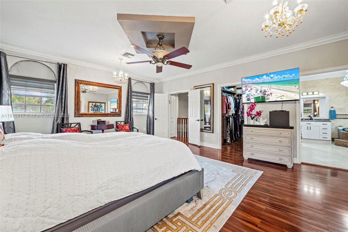 Bedroom, Chandelier, Interior, Wood Texture Flooring