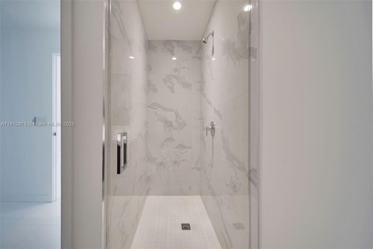 Bathroom, Glass Shower, Interior, Marble Walls, Recessed Lighting