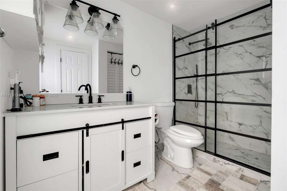 Bathroom, Glass Shower, Interior, Marble Walls, Recessed Lighting