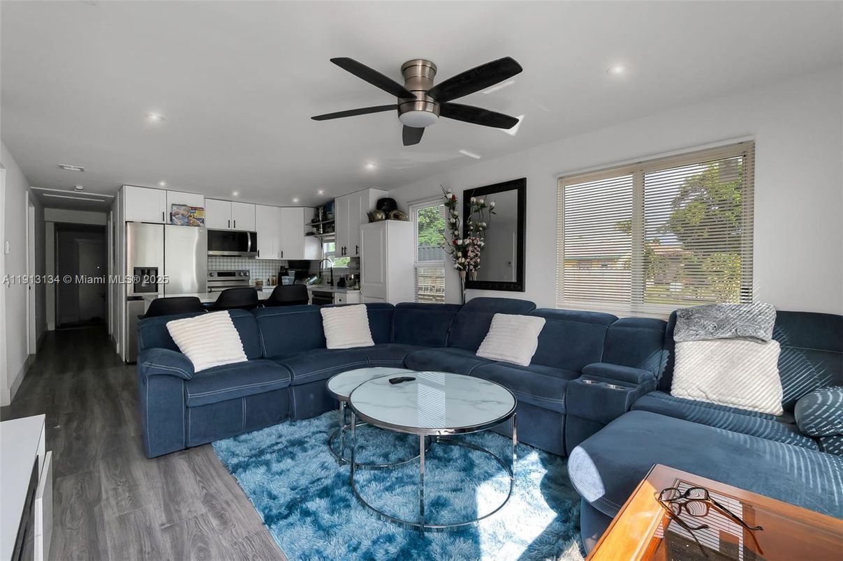 Interior, Kitchen, Living room, Recessed Lighting, Stainless Steel Appliances, Wood Texture Flooring