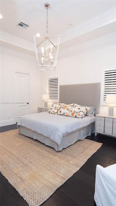 Bedroom, Chandelier, Interior, Pendant Lights, Recessed Lighting, Wood Texture Flooring
