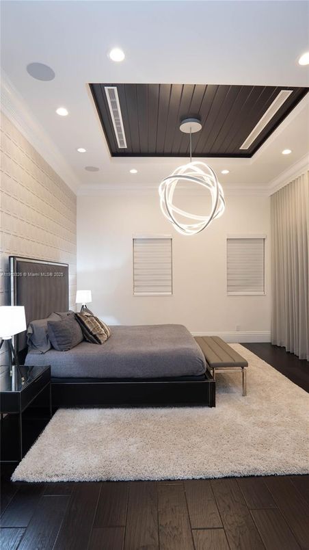 Bedroom, Interior, Pendant Lights, Recessed Lighting, Wooden Ceilings, Wood Texture Flooring