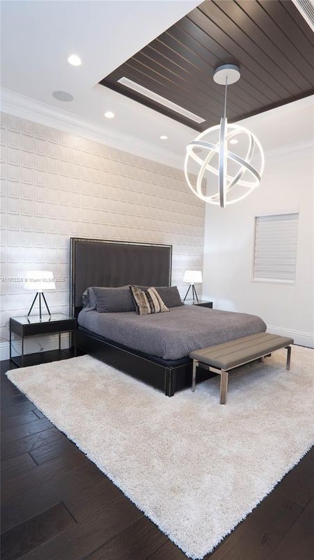 Bedroom, Interior, Pendant Lights, Recessed Lighting, Wooden Ceilings, Wood Texture Flooring