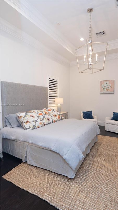 Bedroom, Chandelier, Interior, Pendant Lights, Recessed Lighting, Wood Texture Flooring