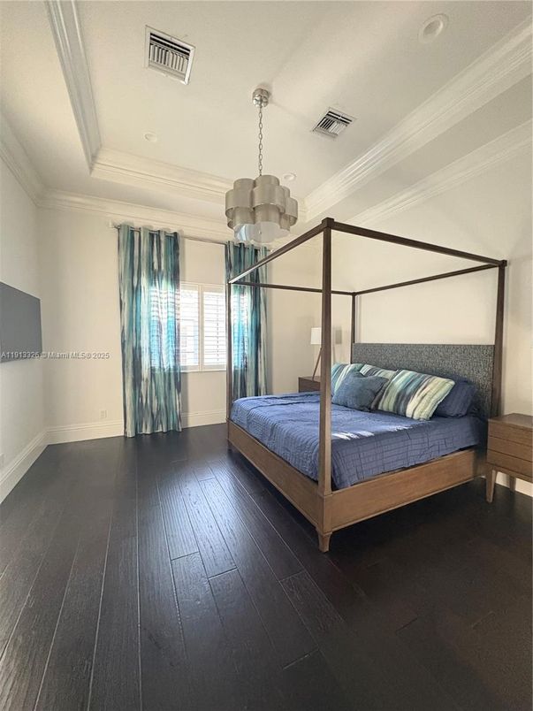 Bedroom, Chandelier, Interior, Recessed Lighting, Wood Texture Flooring