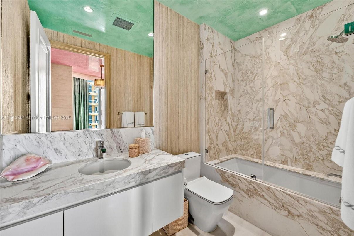 Bathroom, Glass Shower, Interior, Marble Walls, Recessed Lighting