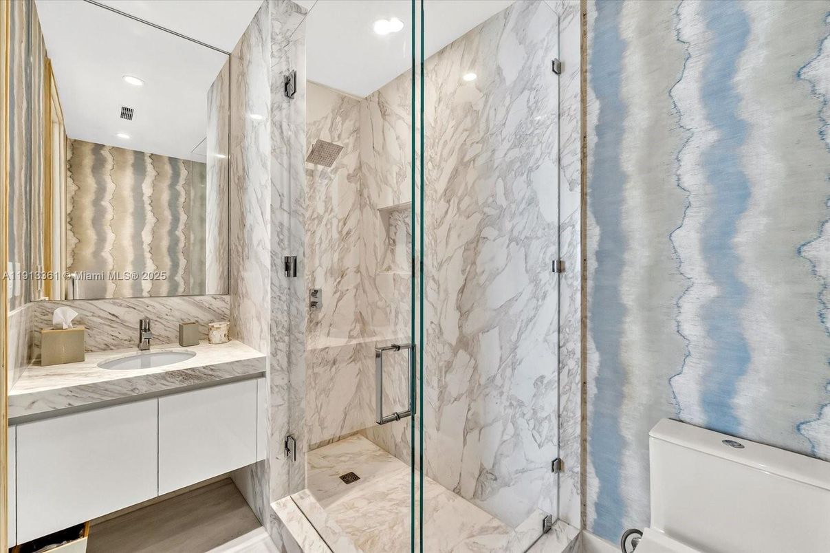 Bathroom, Glass Shower, Interior, Marble, Marble Walls, Recessed Lighting