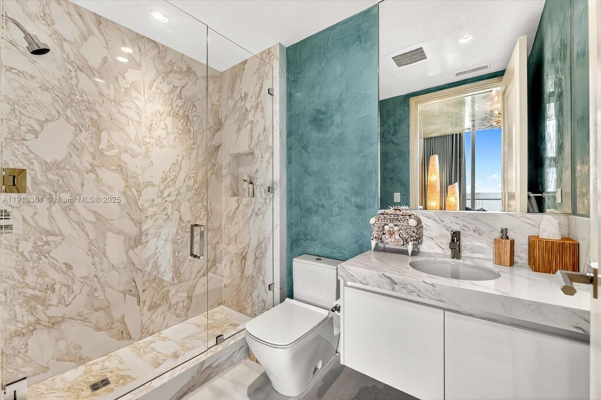 Bathroom, Glass Shower, Interior, Marble Walls, Recessed Lighting