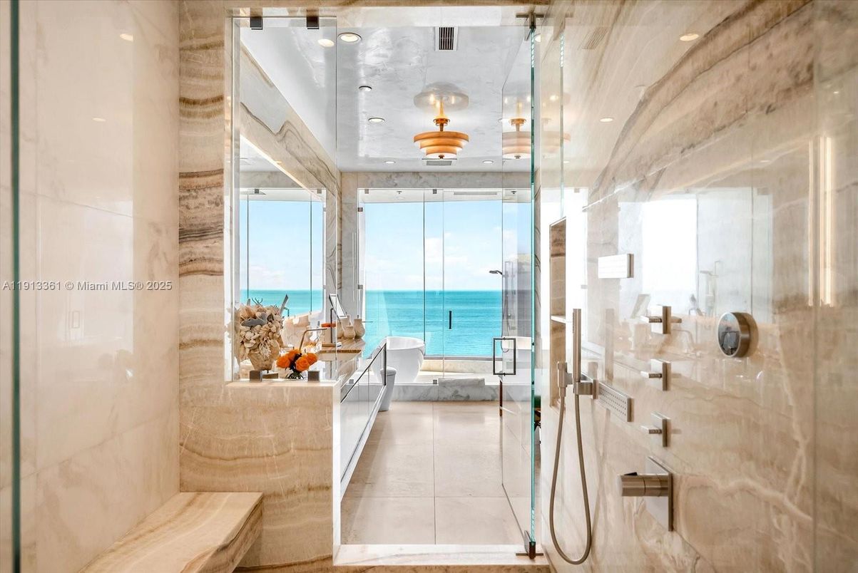 Bathroom, Glass Shower, Interior, Marble Walls, Recessed Lighting, Water