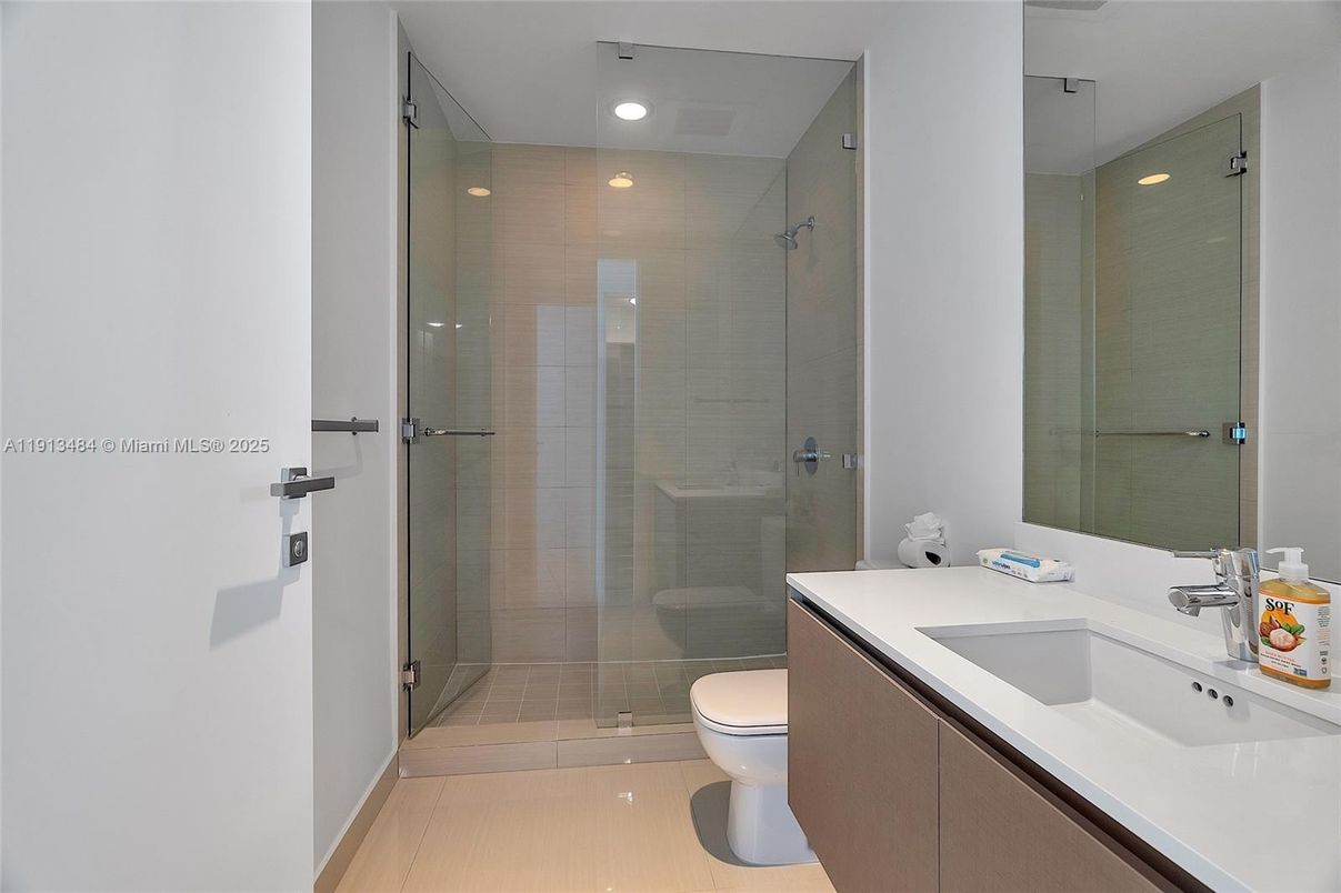 Bathroom, Glass Shower, Interior, Recessed Lighting, Wood Texture Flooring