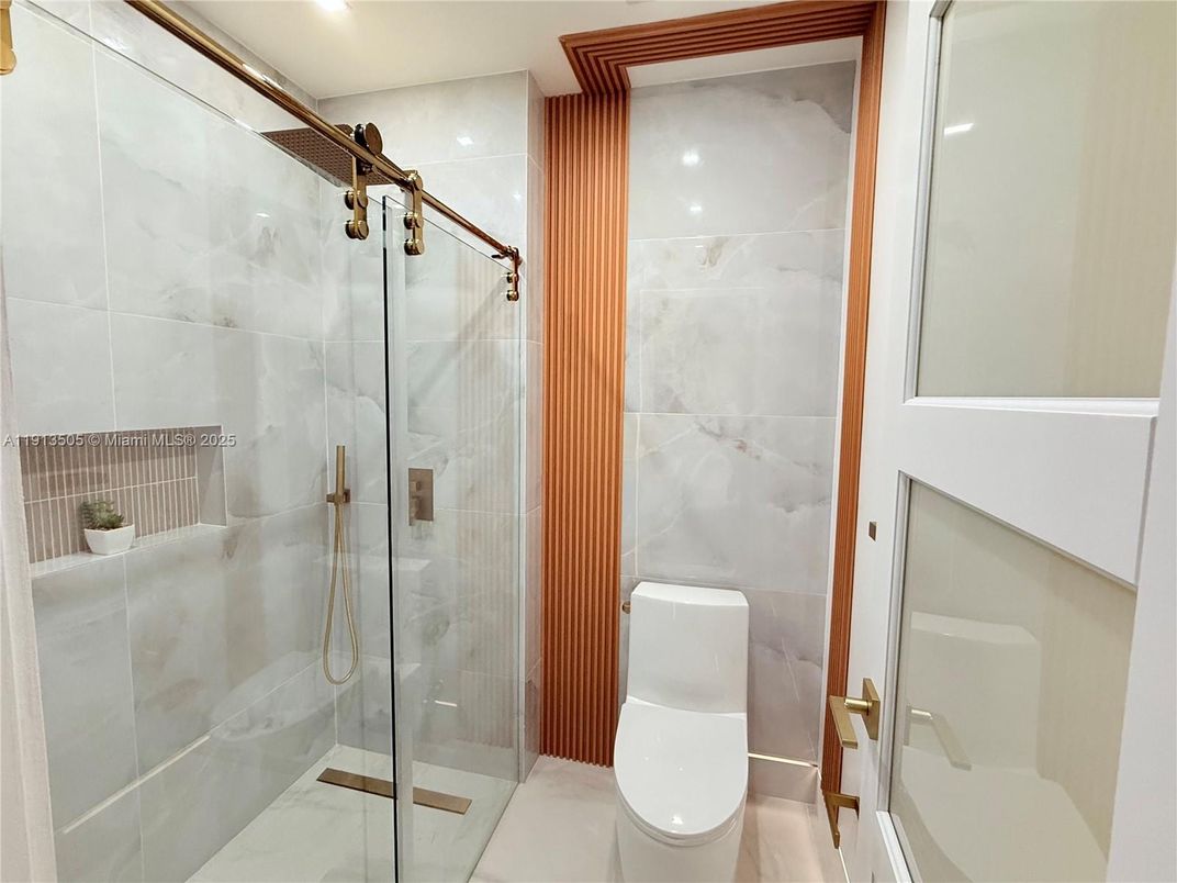 Bathroom, Glass Shower, Interior, Marble Walls, Recessed Lighting